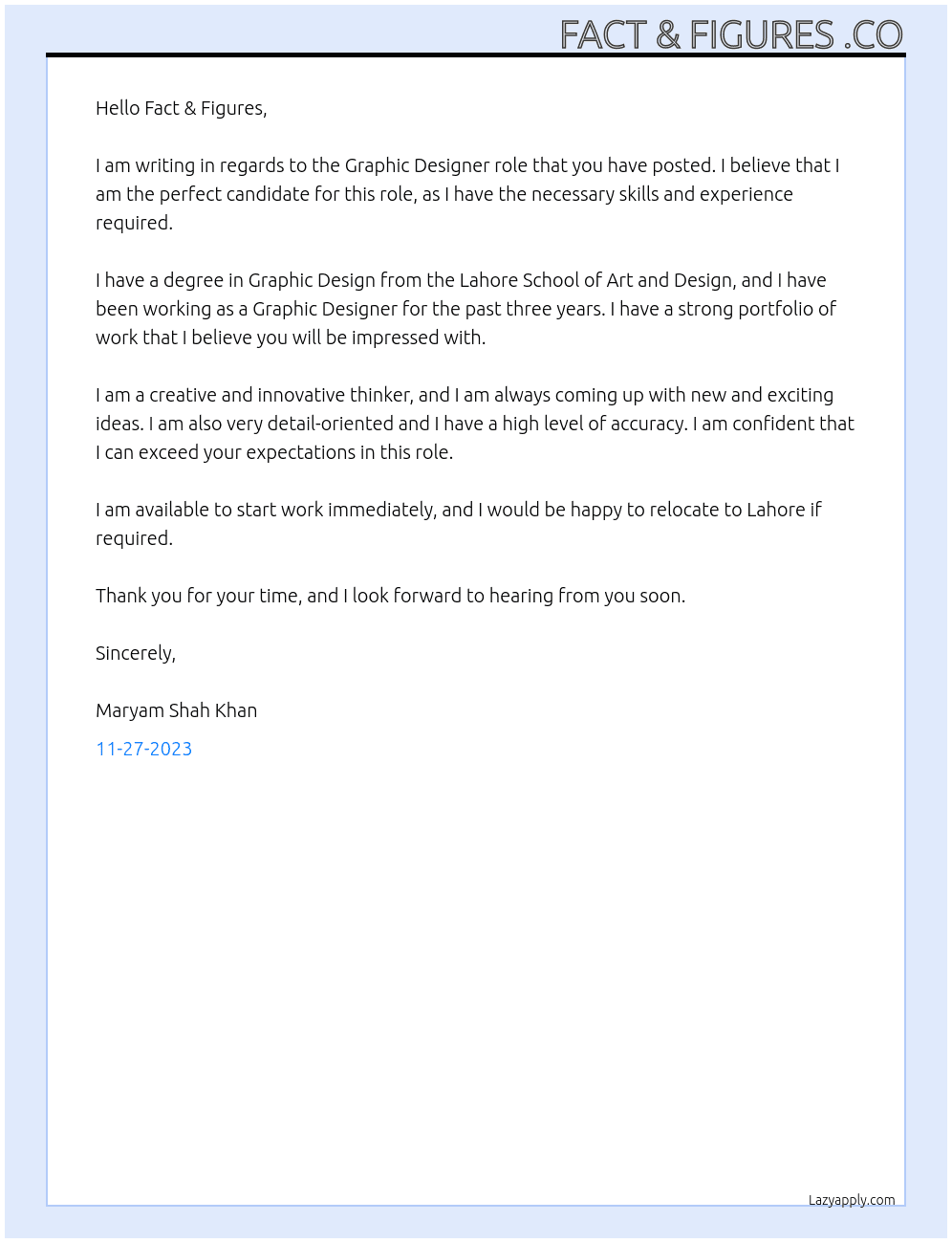 Graphic Designer  At Fact & Figures Cover Letter