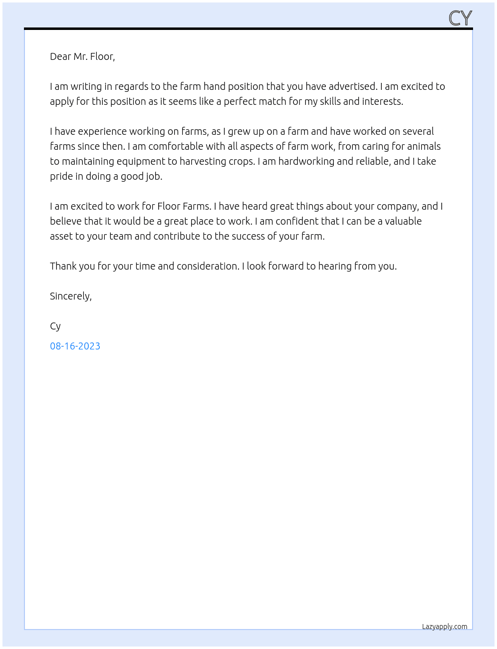 Farm hand At Floor farms Cover Letter