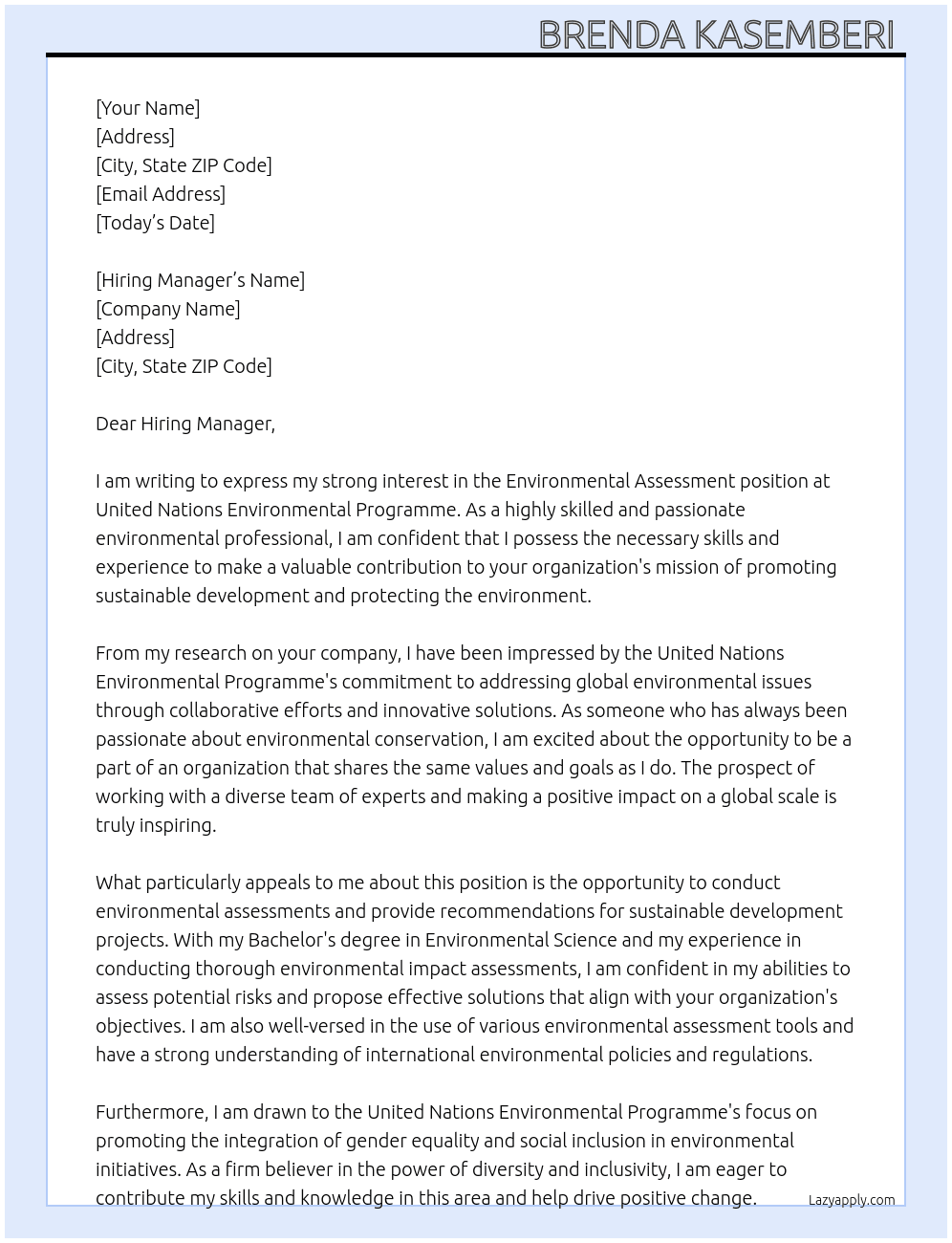 Environmental assessment  At United Nations environmental programme Cover Letter