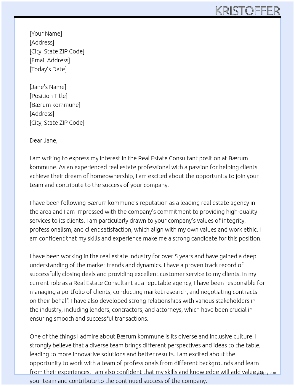 Real estate consultant At Bærum kommune Cover Letter