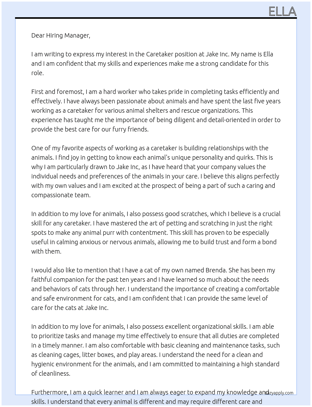 Caretaker At Jake inc Cover Letter