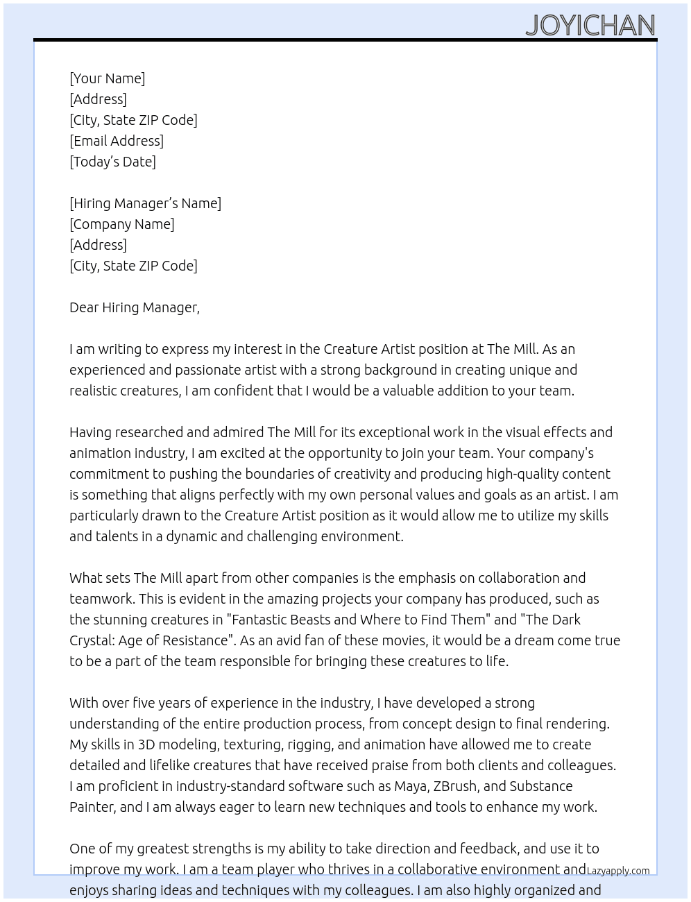 Creature artist  At The mill Cover Letter