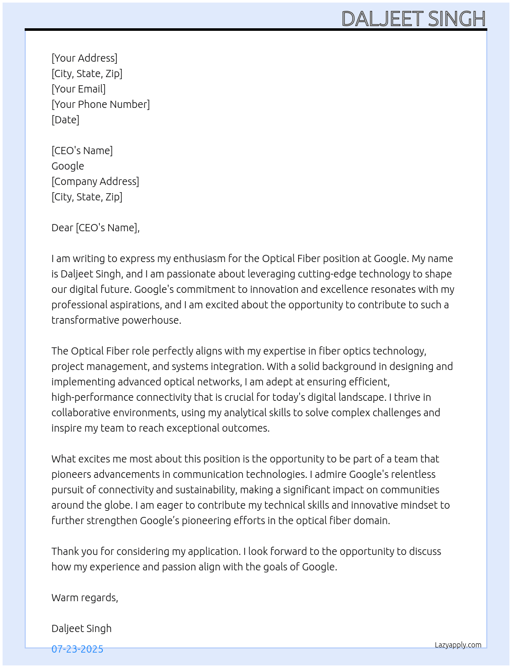 Cover letter for optical fiber - LazyApply