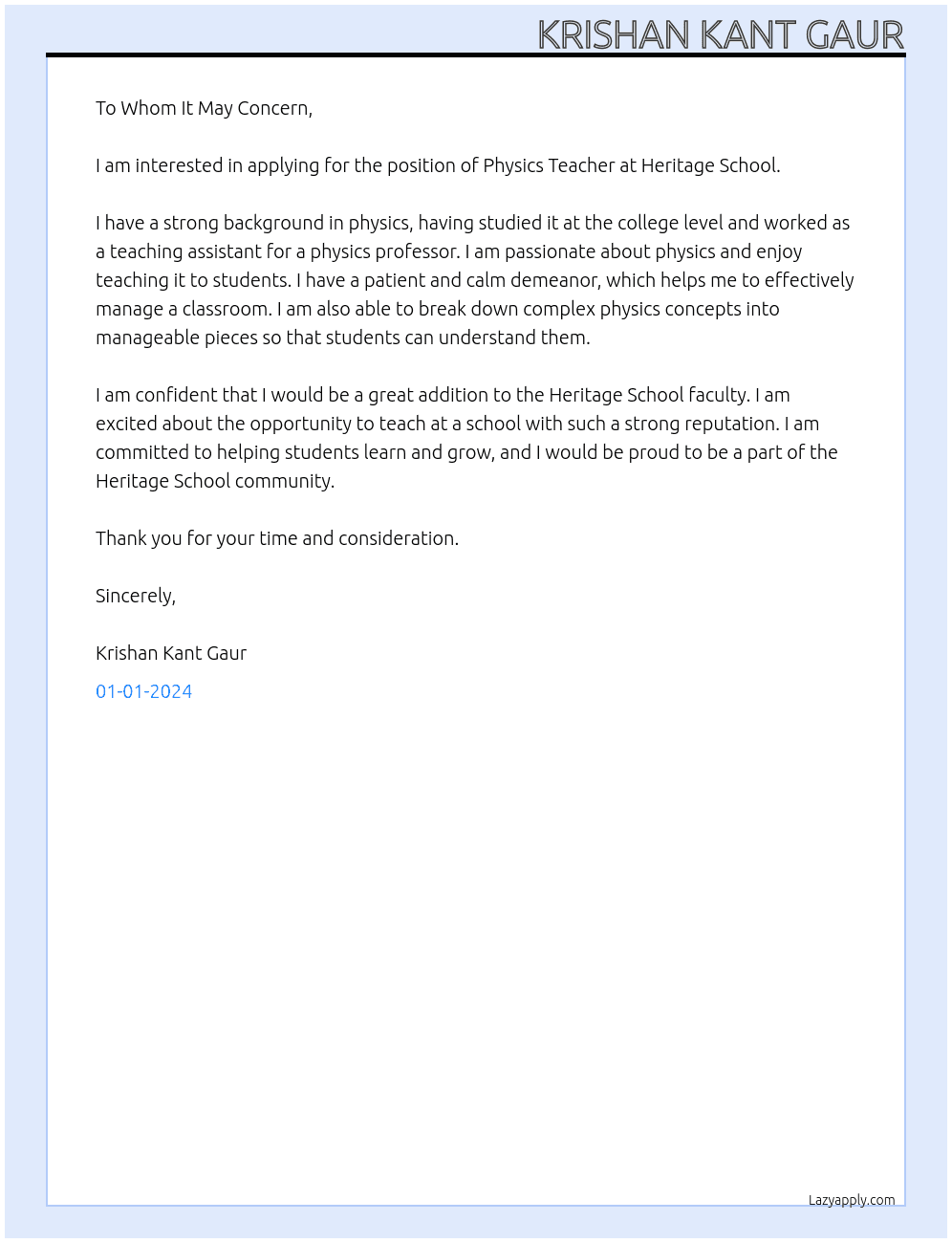 Physics Teacher At Heritage school Cover Letter