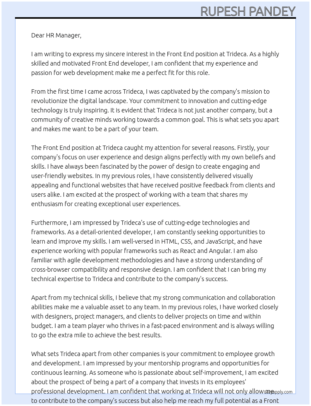 Front End At Trideca Cover Letter