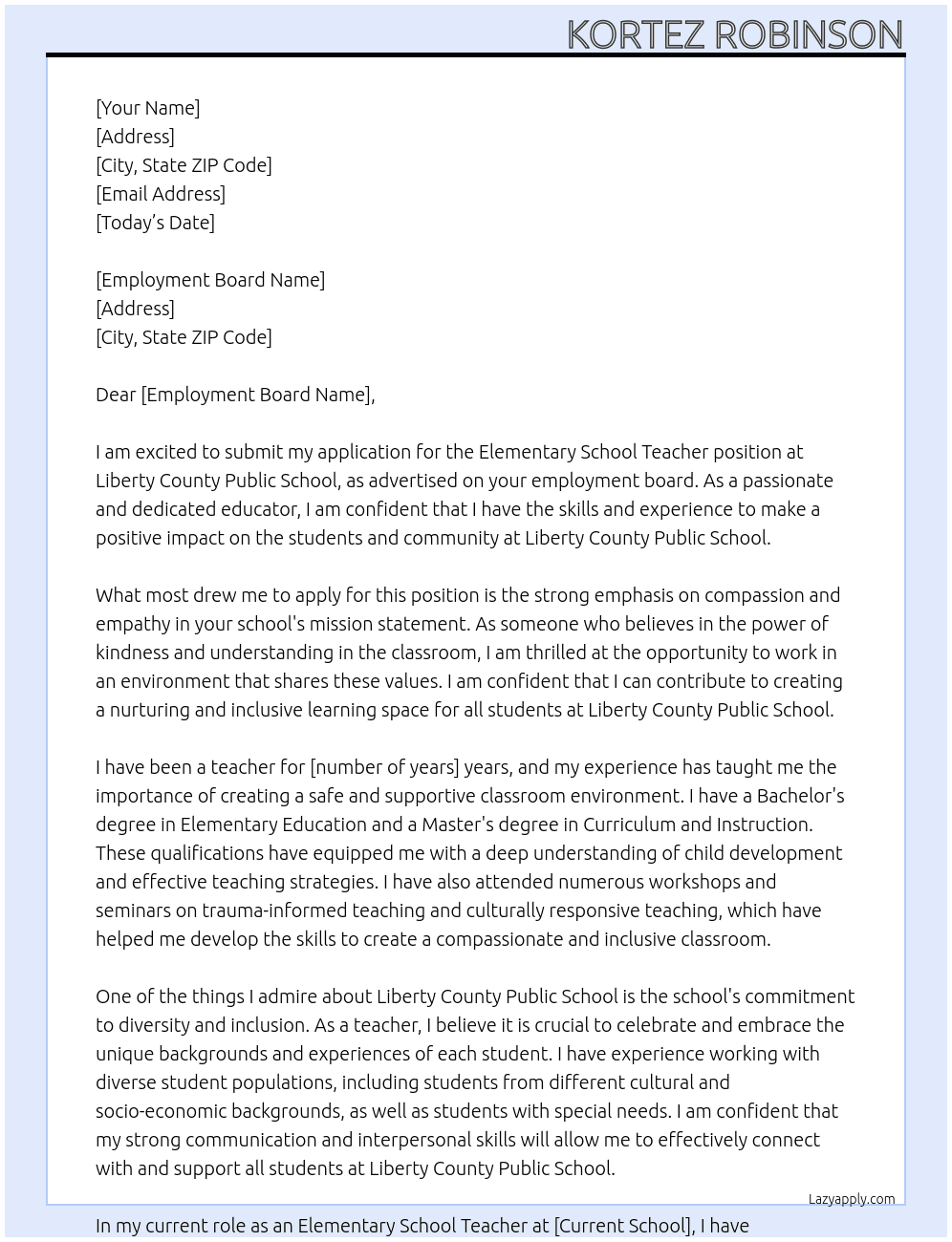 Elementary School Teacher At Liberty County Public School Cover Letter