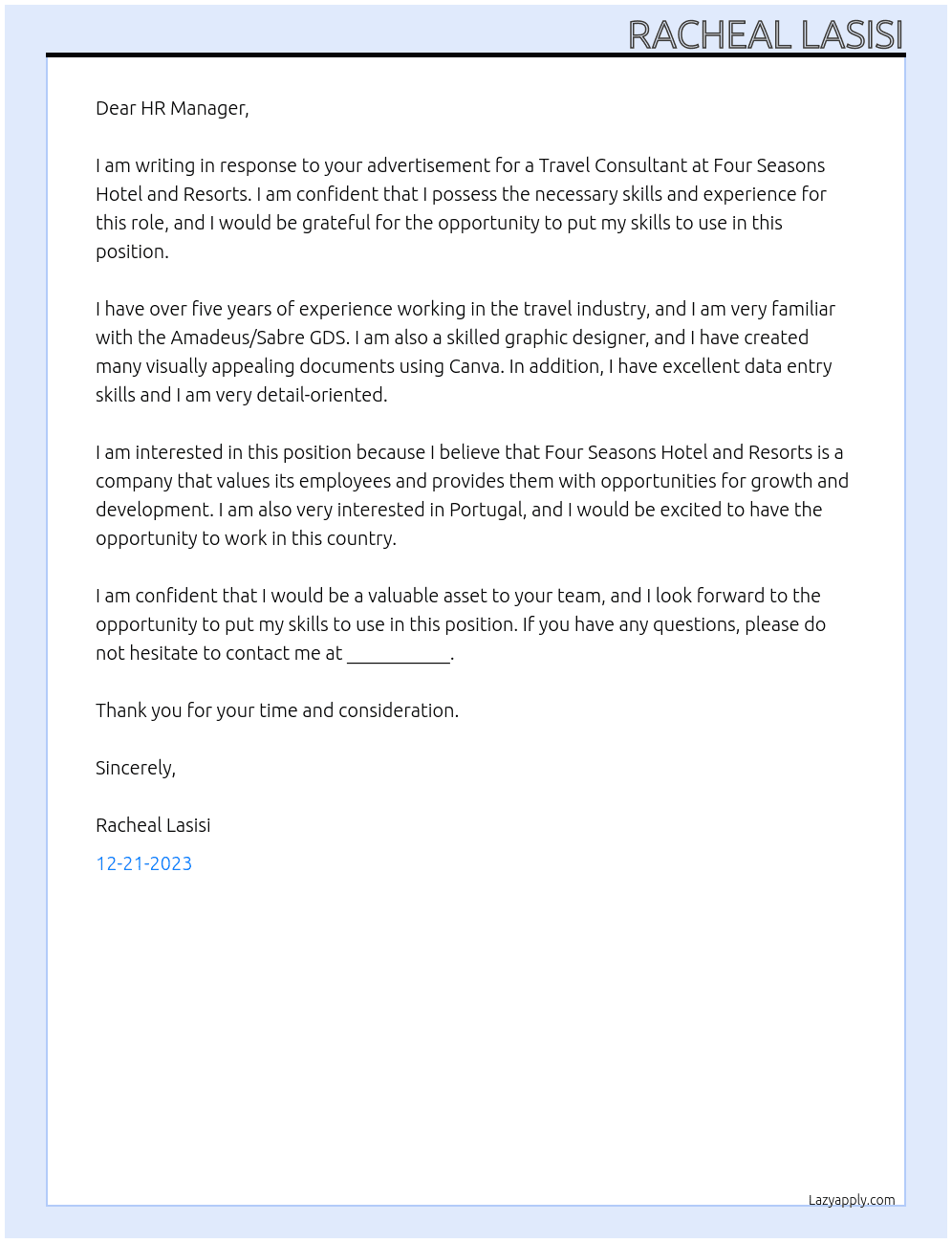 Travel Consultant At Four Seasons Hotel and Resorts Cover Letter