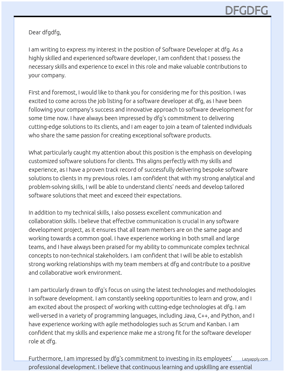 software developer At dfg  Cover Letter