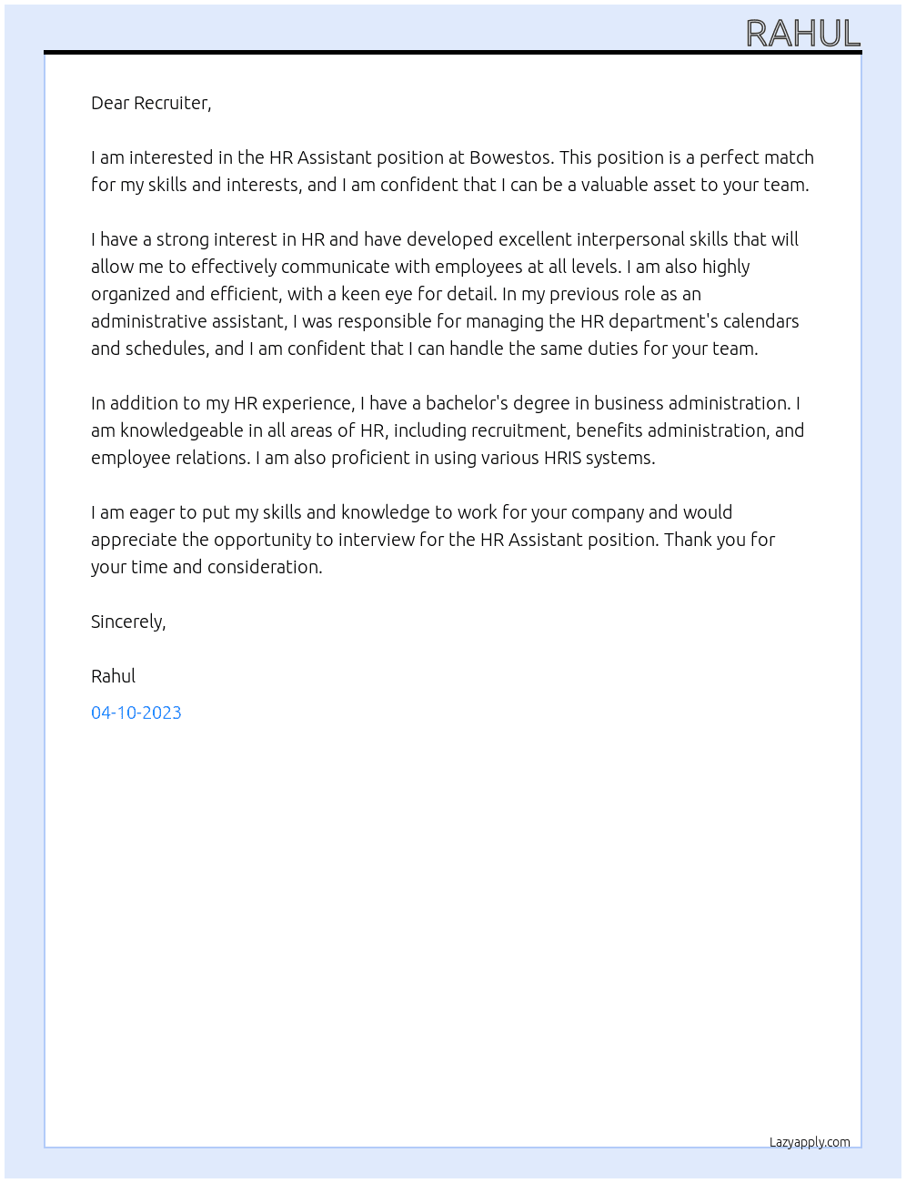 HR Assistant At Bowestos Cover Letter