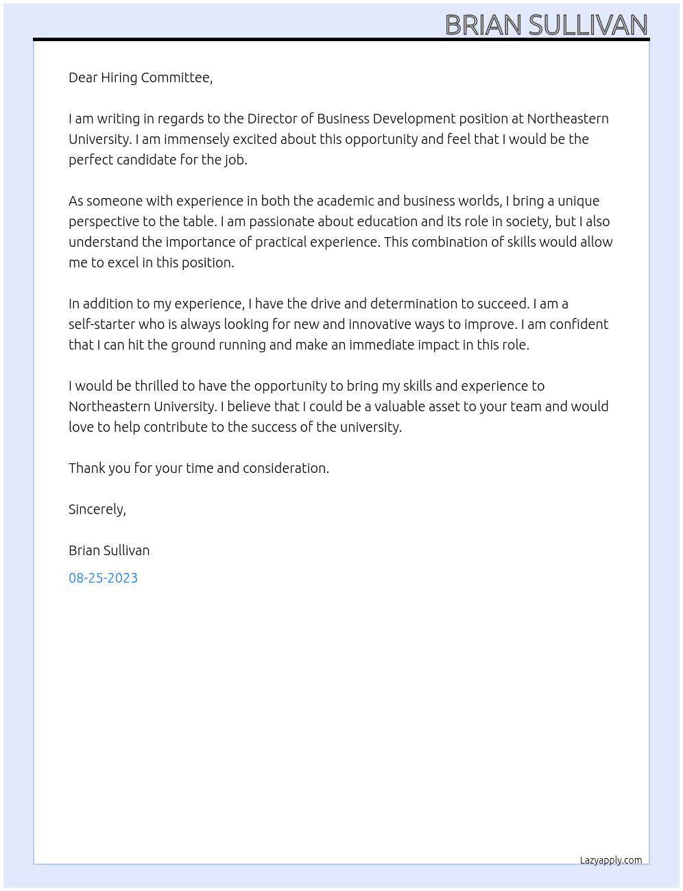 Director of Business Development At Northeastern University Cover Letter