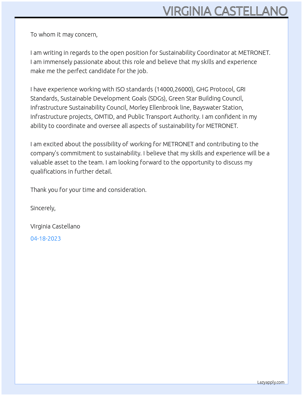 Sustainability Coordinator At METRONET Cover Letter