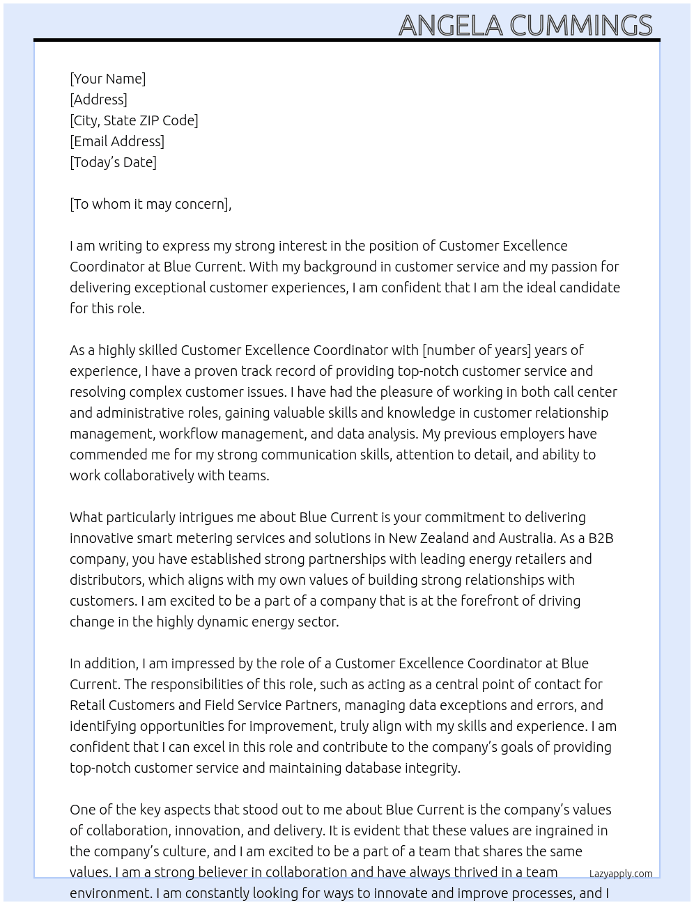 Customer Excellence Coordinator At Blue Current Cover Letter