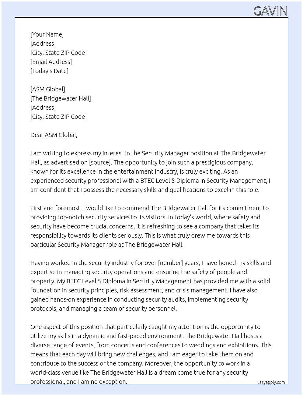 Security Manager At The Bridgewater Hall Cover Letter