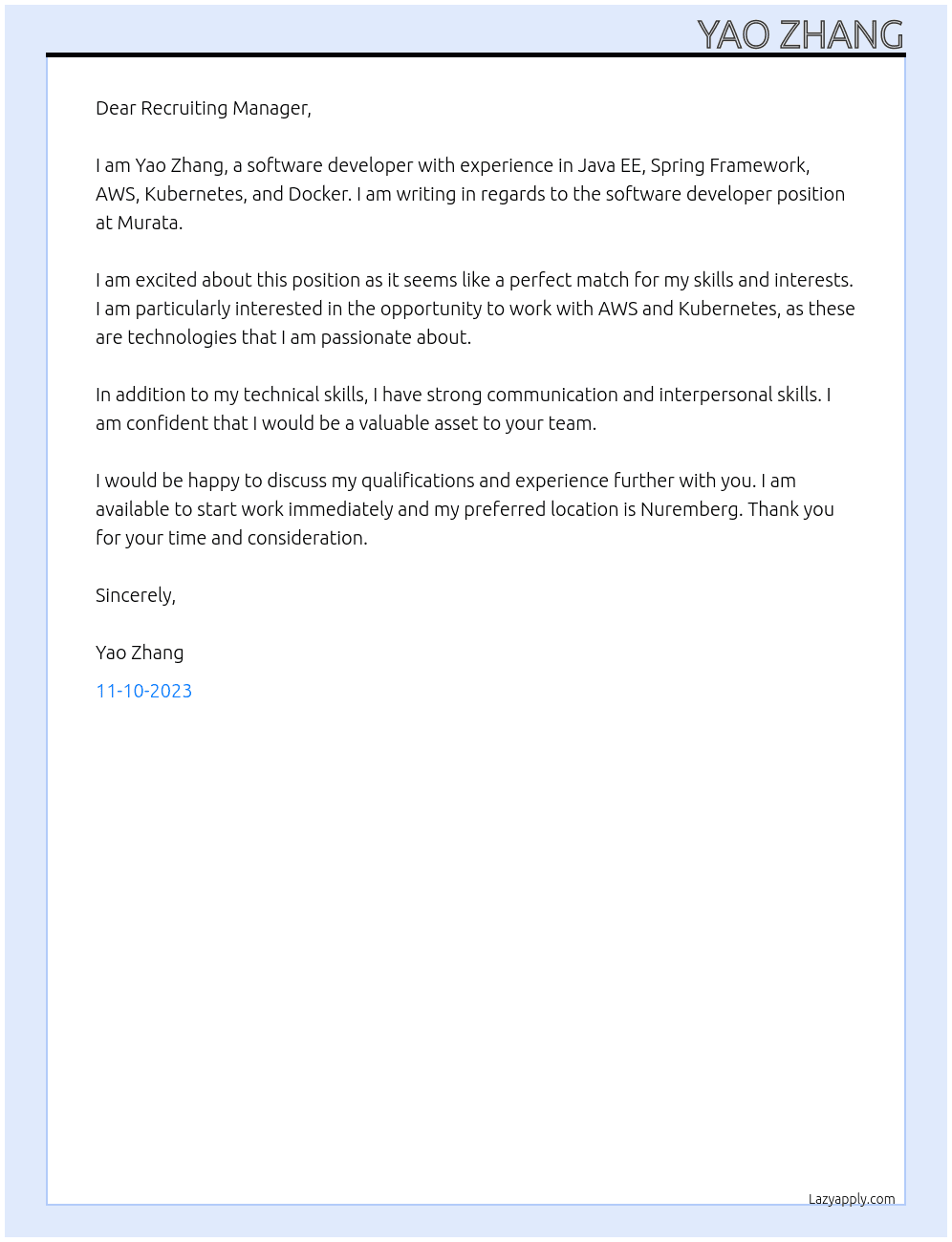 software developer java At Murata Cover Letter