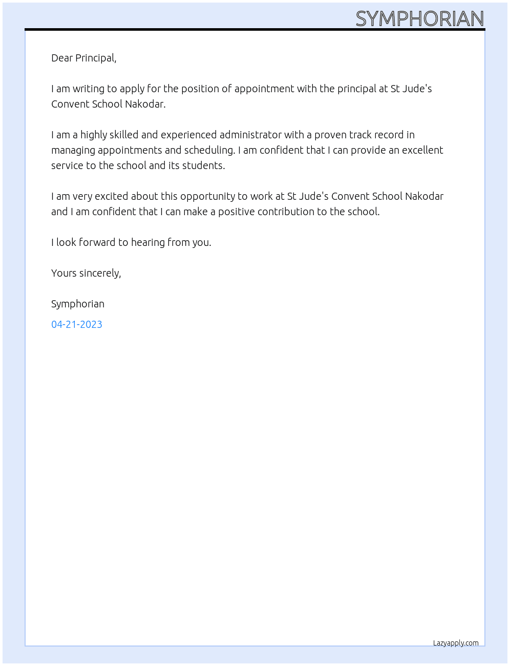 appointment with the principal At st jude's convent school nakodar Cover Letter