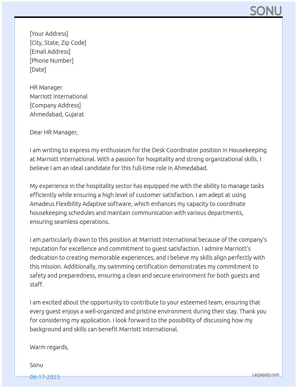 Desk coordinator housekeeping  At Marriot international  Cover Letter