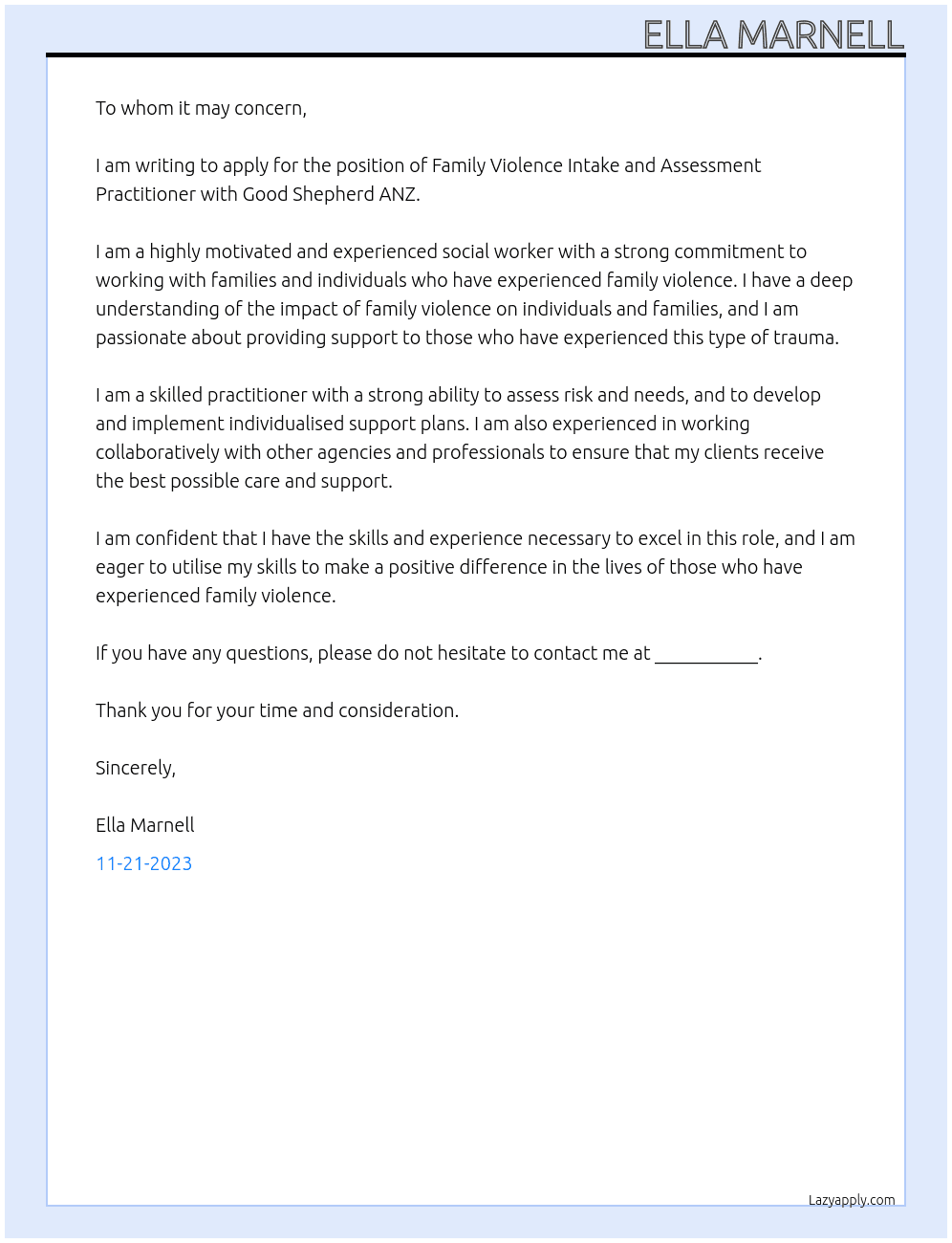 Family Violence Intake and Assessment Practitioner At Good Shepherd ANZ  Cover Letter