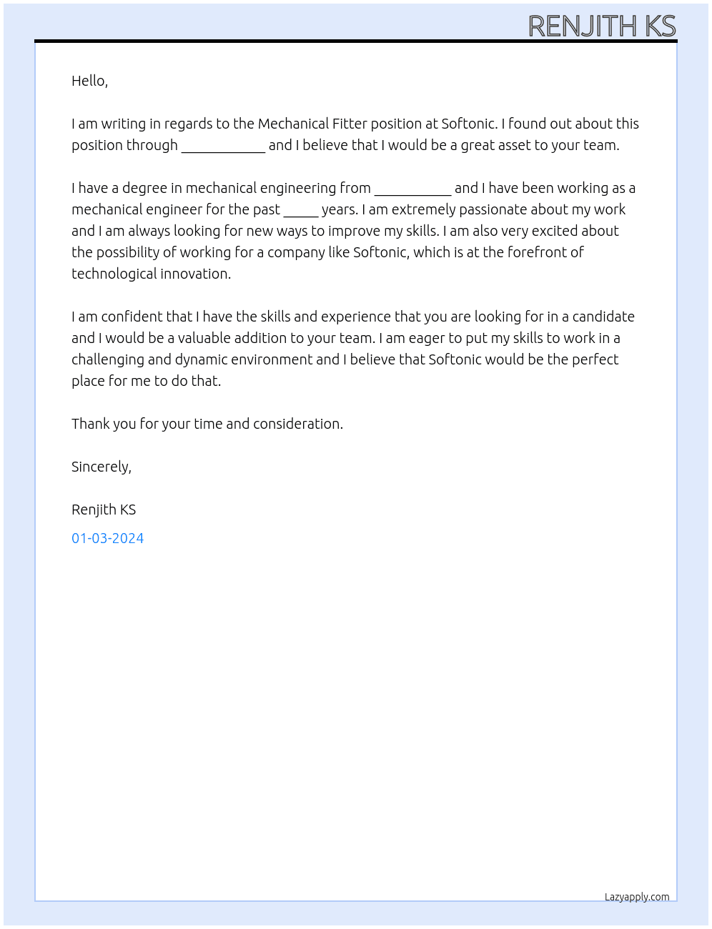  Mechanical fitter At softonic Cover Letter