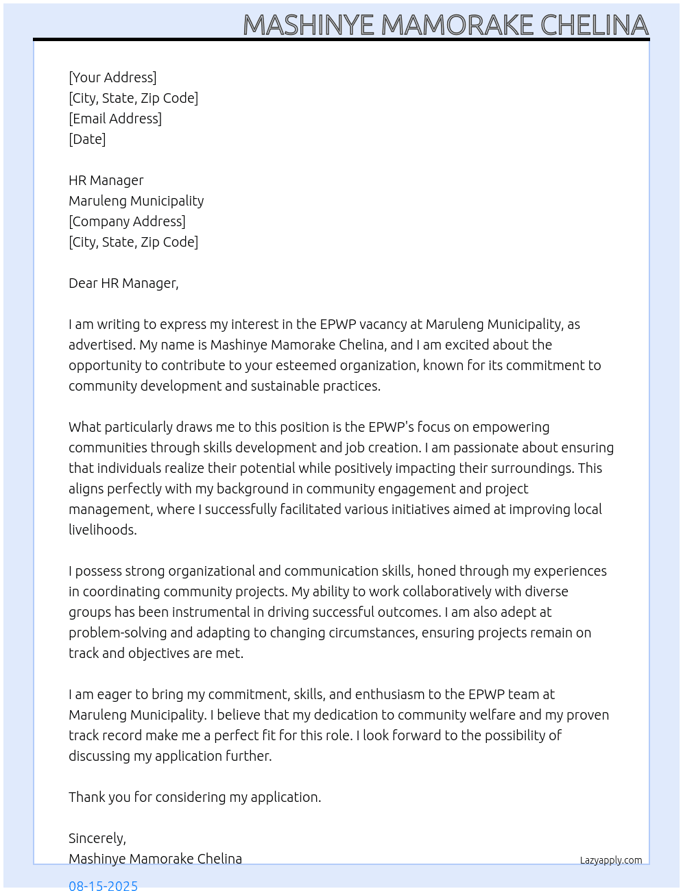 Cover letter for epwp vacancy - LazyApply