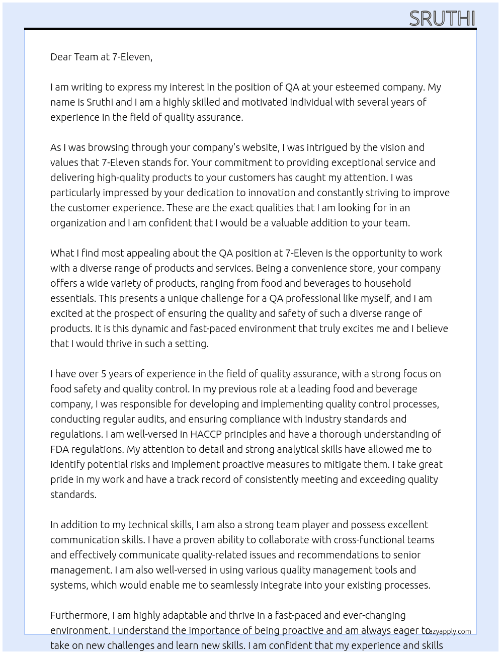 QA At 7-Eleven Cover Letter
