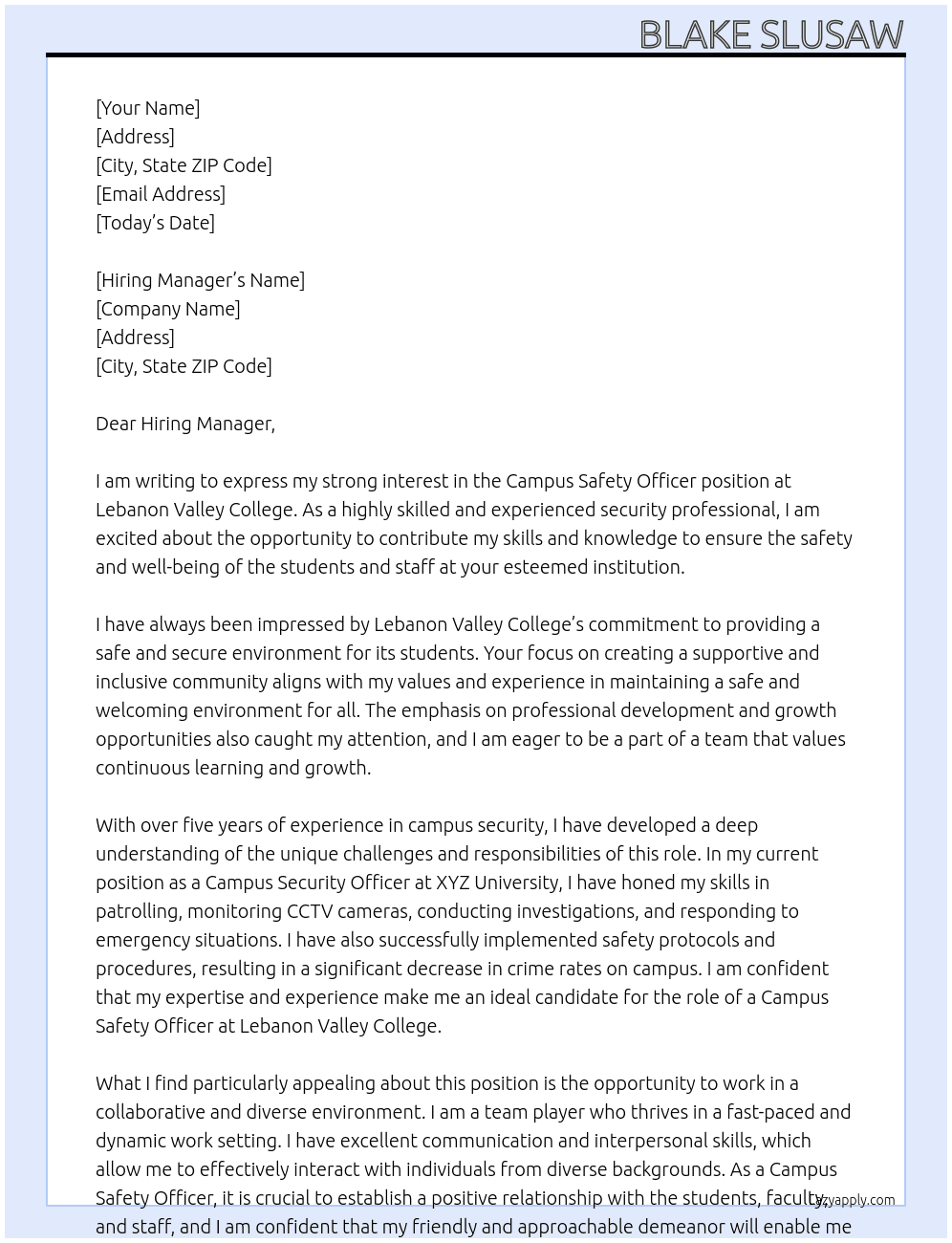 Campus Safety Officer At Lebanon Valley Callege Cover Letter
