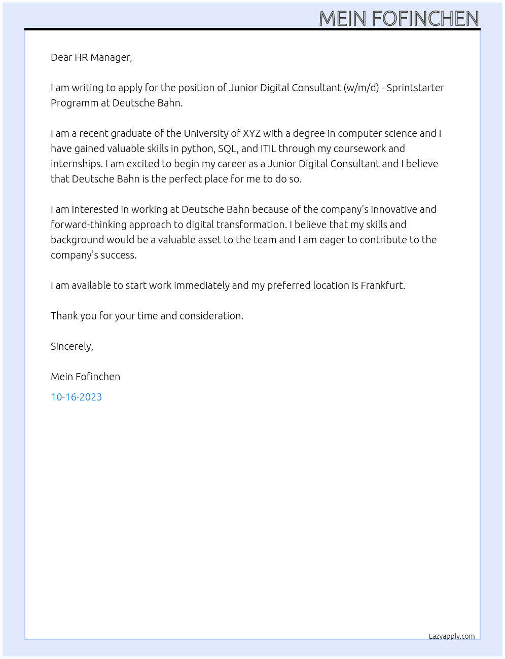 Junior Digital Consultant (w/m/d) - Sprintstarter Programm At Deutsche Bahn Cover Letter