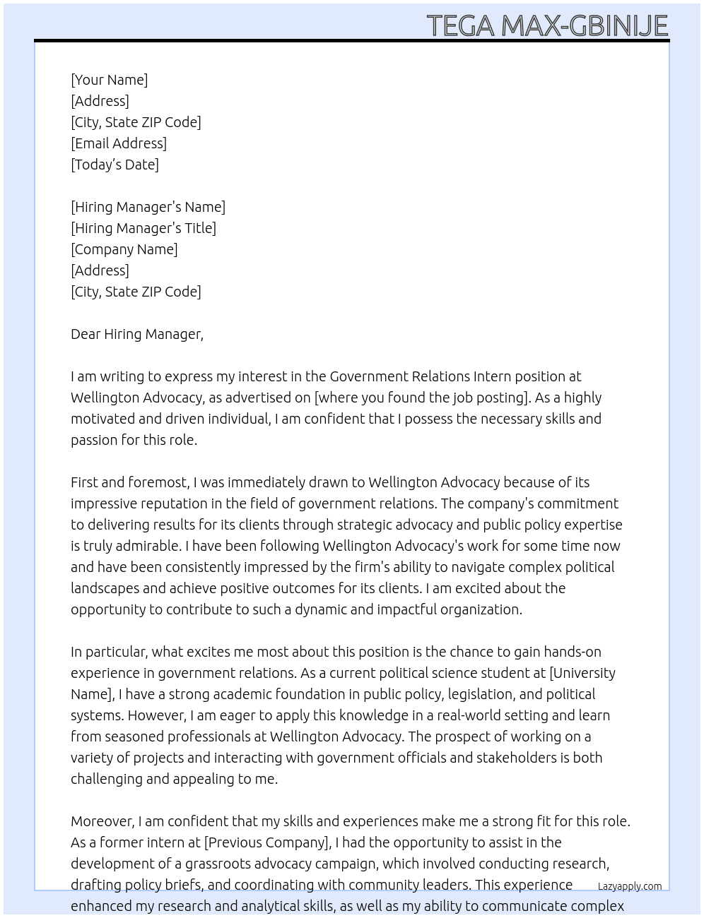 Government Relations Intern At Wellington Advocacy Cover Letter