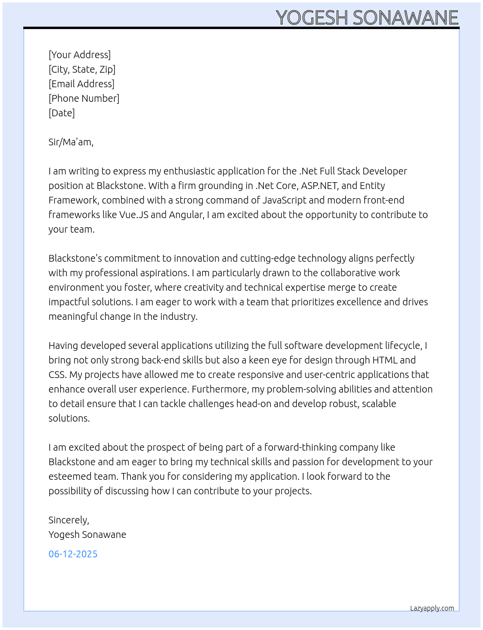Cover letter for .net full stack developer - LazyApply
