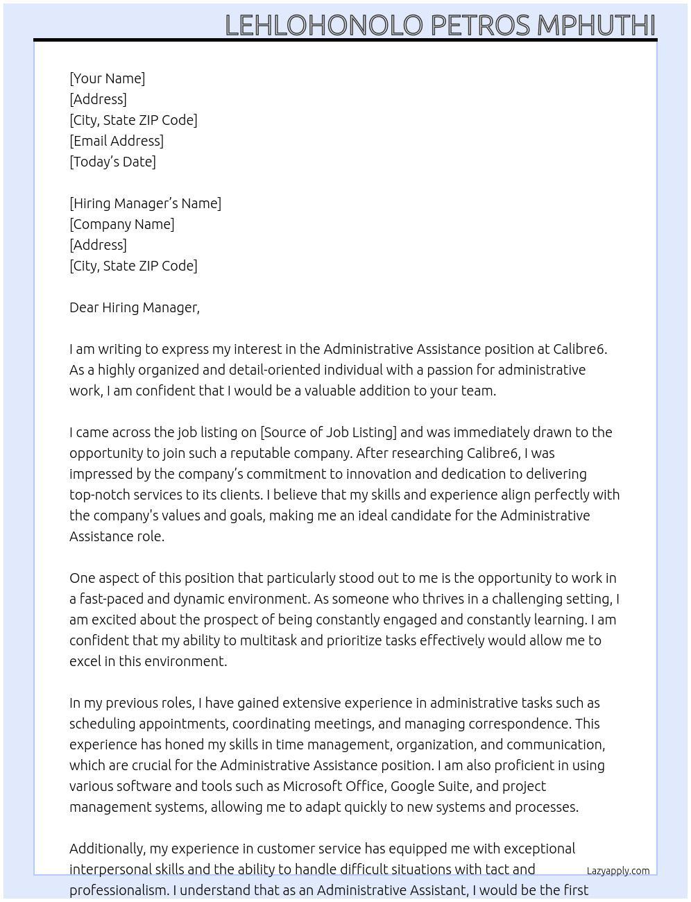 Administrative Assistance  At Calibre6 Cover Letter