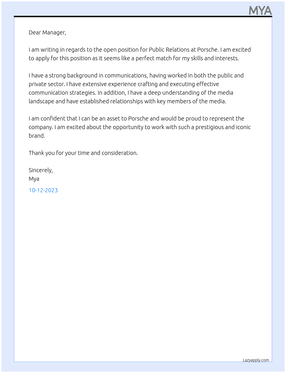 Public Relations At Porsche Cover Letter