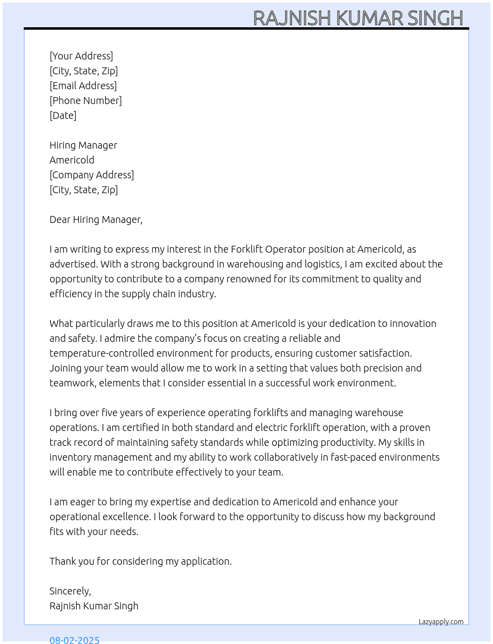 Forklift  oprator At Americold Cover Letter