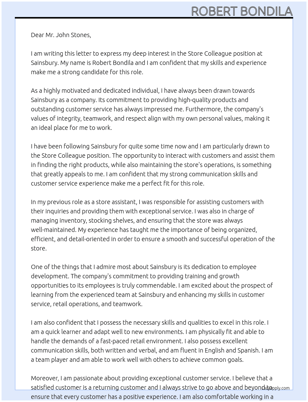 Store colleague At Sainsbury Cover Letter