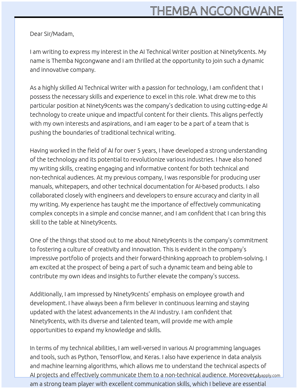 AI Technical Writer At Ninety9cents Cover Letter