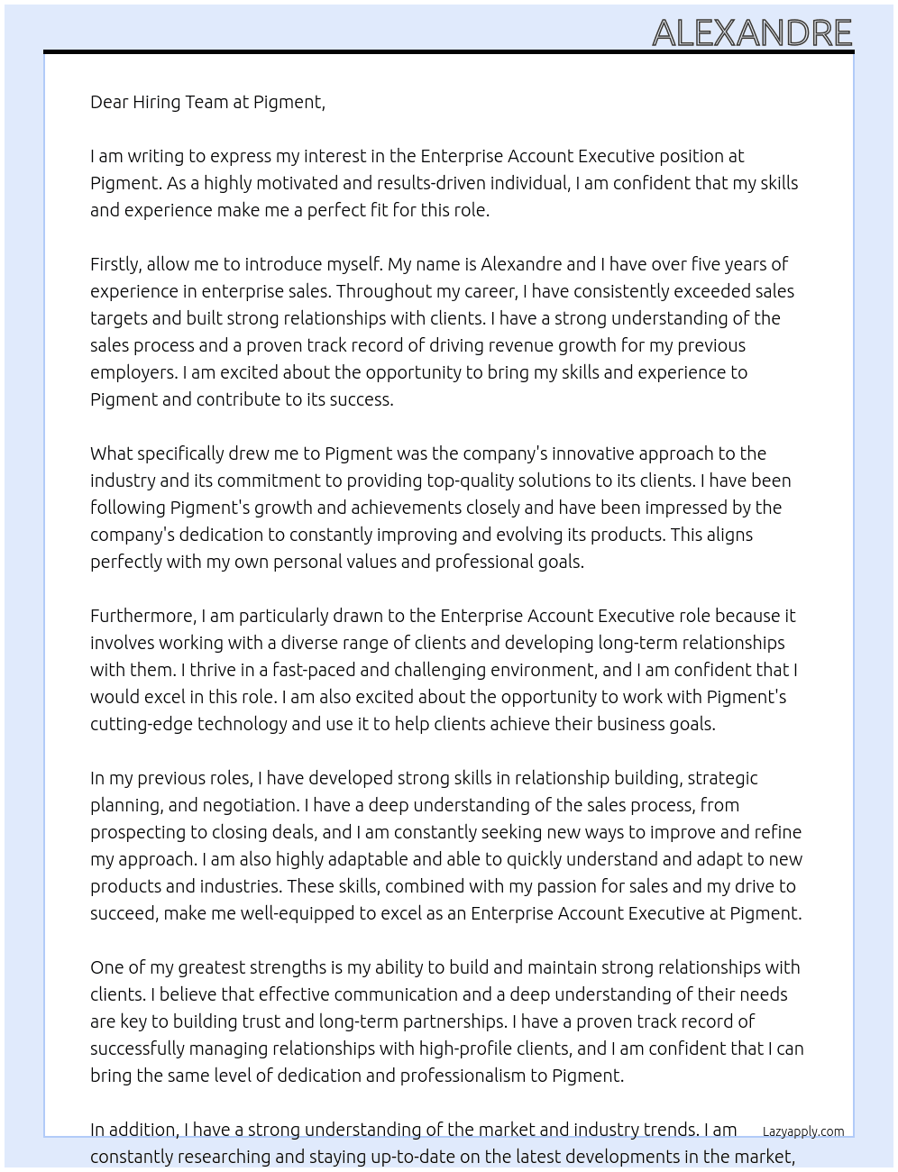 Enterprise Account Executive At Pigment Cover Letter