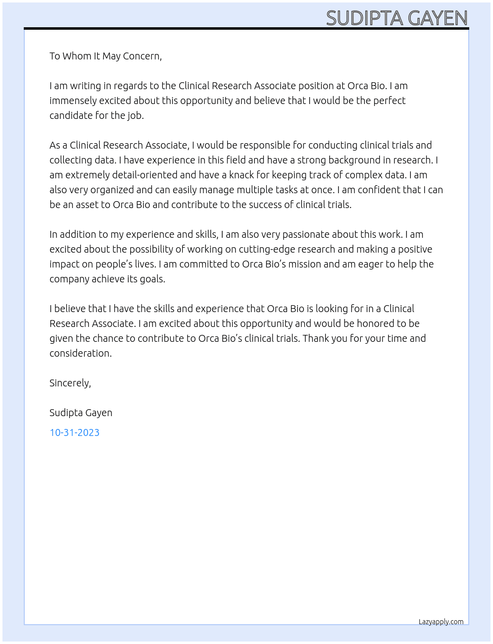 Clinical Research Associate  At Orca Bio Cover Letter