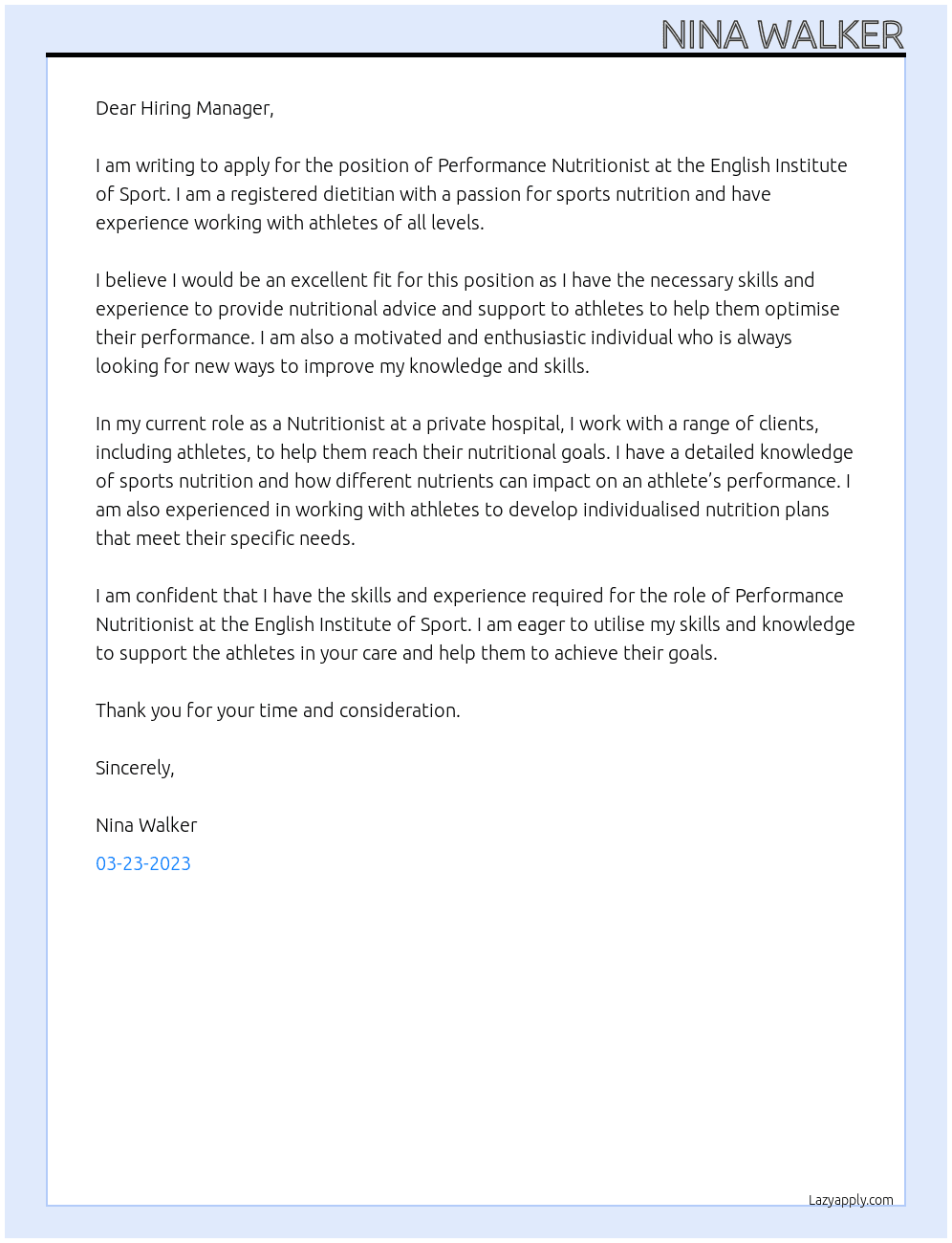 Performance Nutritionist At English Institute of Sport Cover Letter