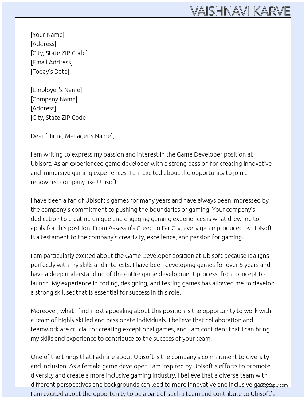 Game developer At ubisoft Cover Letter