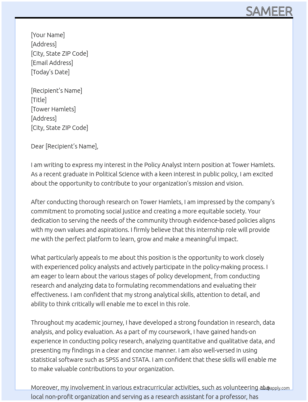 Policy Analyst Intern At Tower Hamlets Cover Letter
