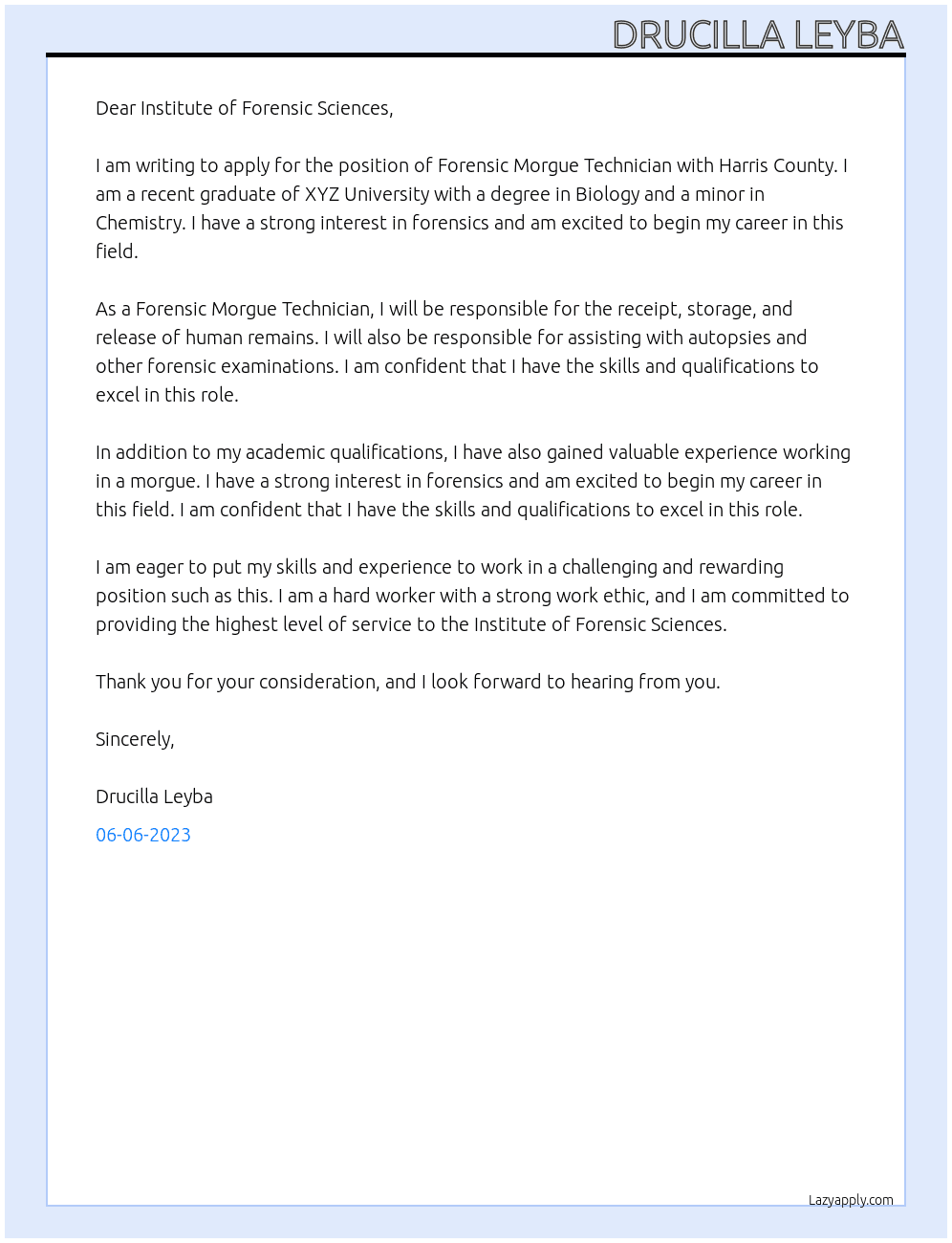 Forensic Morgue Texhnician At Harris County Cover Letter