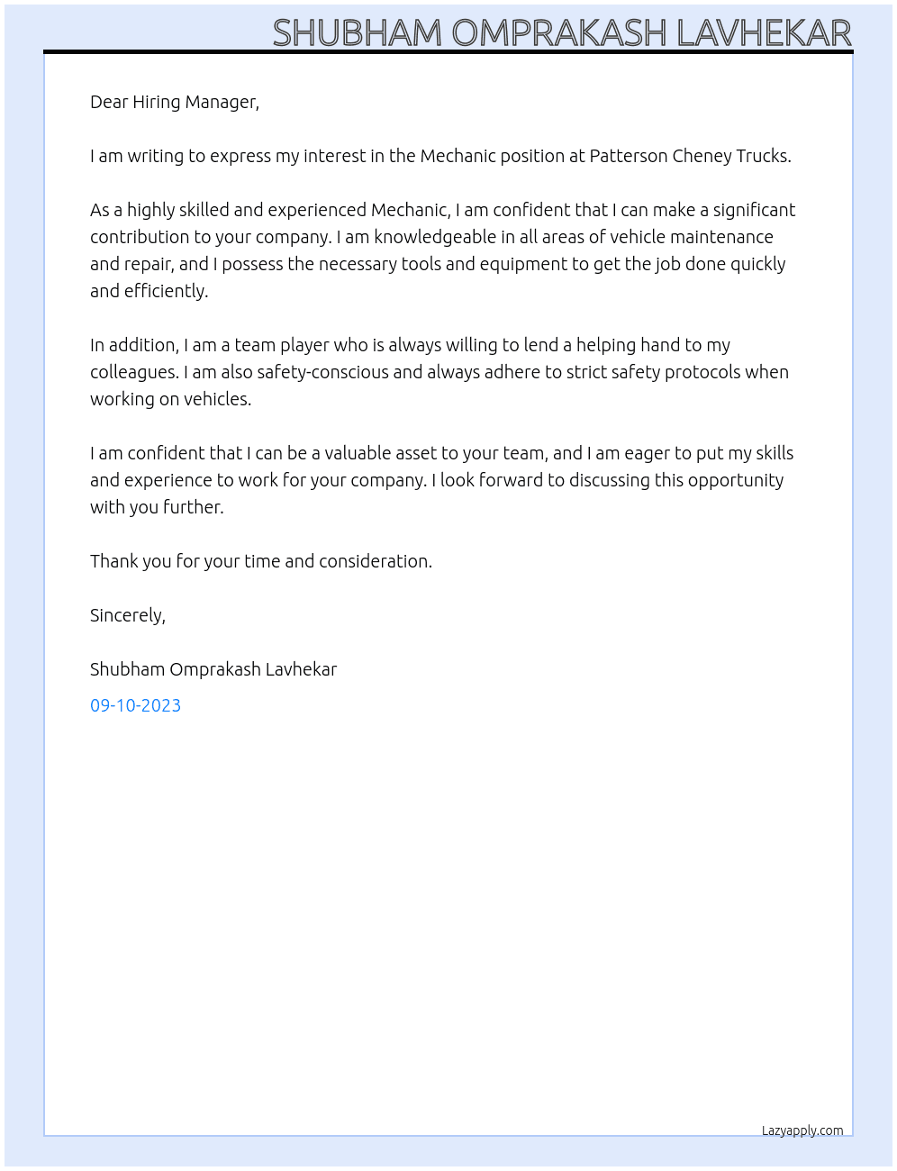 Mechanic  At Patterson Cheney Trucks Cover Letter