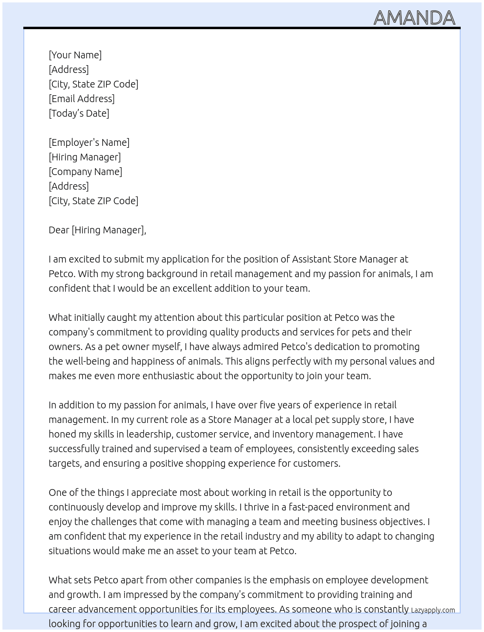 assistant store manager At petco Cover Letter