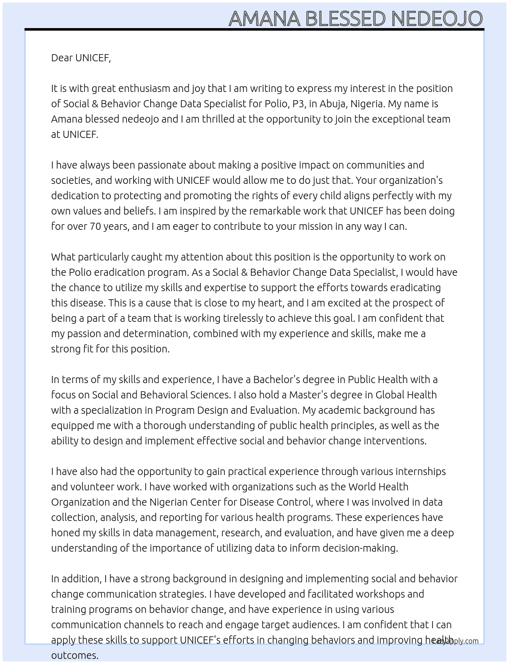 Cover letter for social & behavior change data specialist, polio, p3, abuja, nigeria - LazyApply