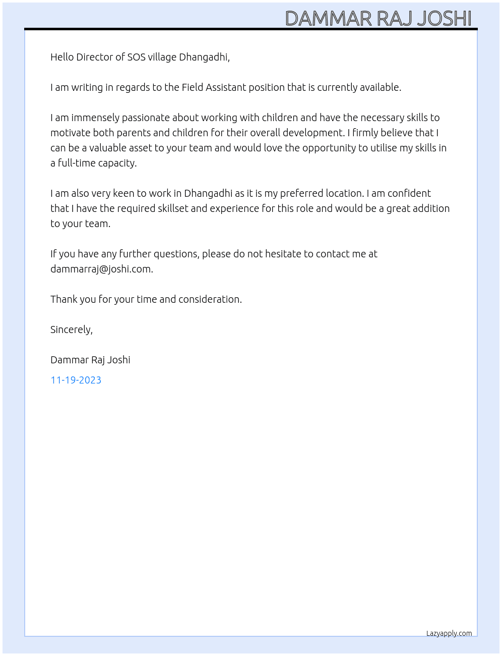 Field Assistant  At SOS Village Dhangadi  Cover Letter