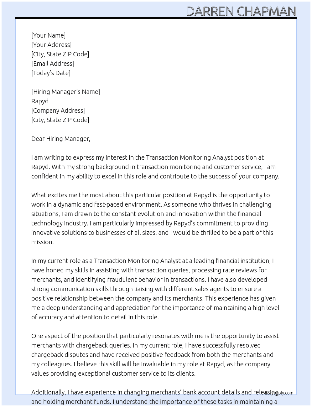Transaction Monitoring Analyst At Rapyd Cover Letter