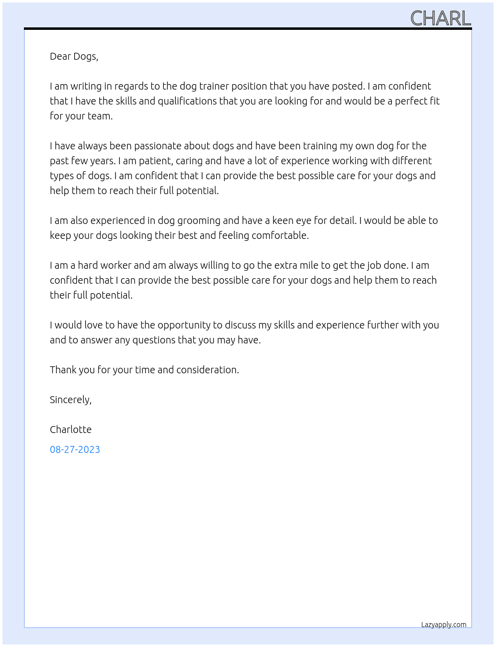 dog trainer At dogs Cover Letter