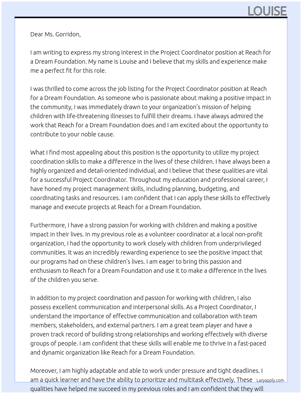 project coordinator At reach for a dream foundation Cover Letter