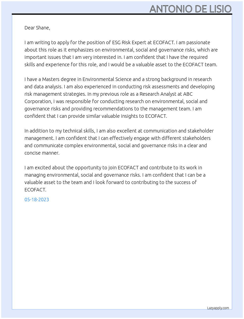 ESG Risk expert At ECOFACT Cover Letter