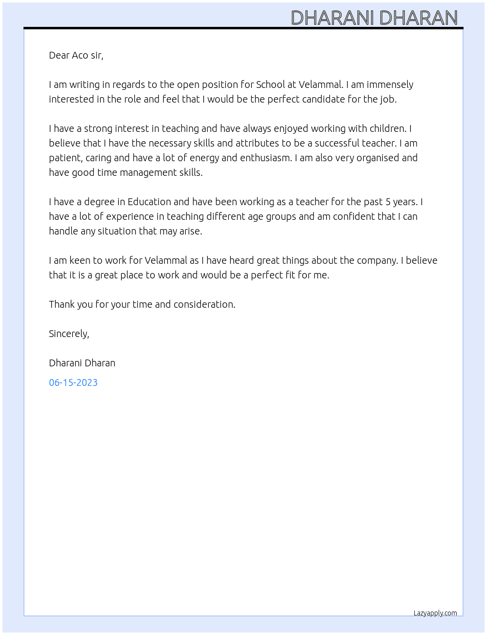 School At Velammal Cover Letter
