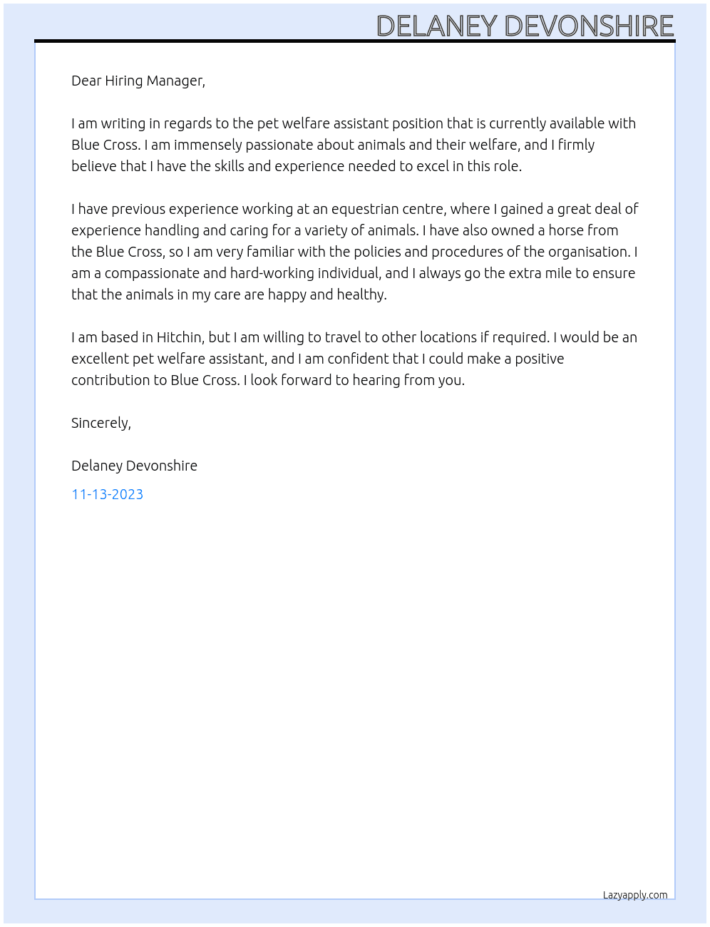 Pet welfare assistant At Blue cross Cover Letter