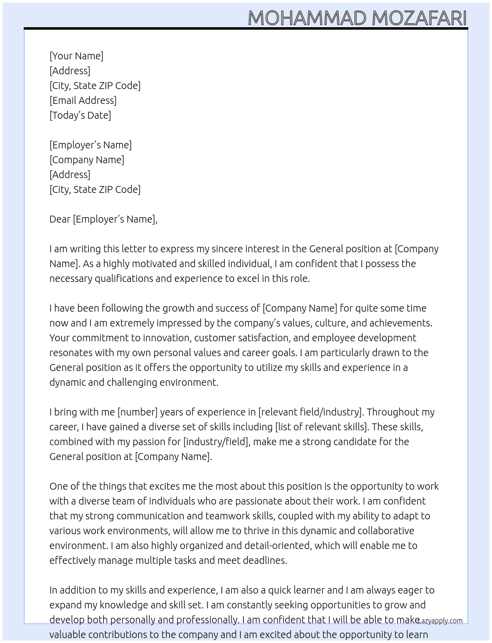 Genaral At Employers Cover Letter